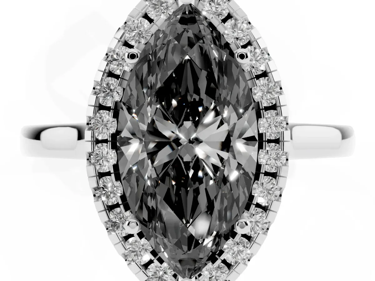 Fancy Black Marquise Cut Halo Round Diamond Solitaire Ring with Pavé Band and Four-Prong Setting Silver