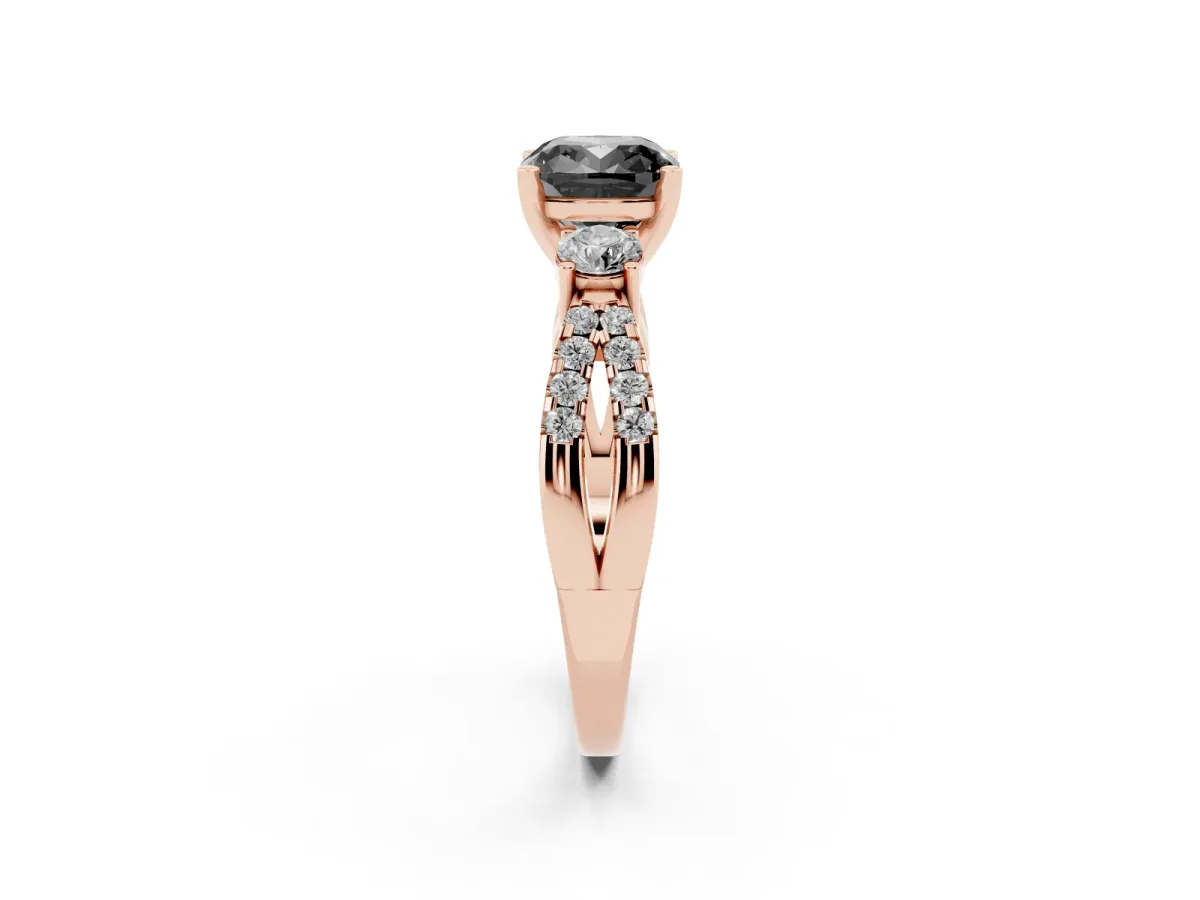 Fancy Black Cushion Cut Diamond Three-Stone Ring with Pavé Split Shank and Four-Prong Setting Rose gold
