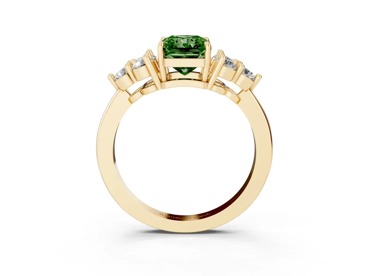 Fancy Green Radiant Cut Brilliant Diamond Cluster Accent Solitaire Ring with Prong Setting Yellow gold