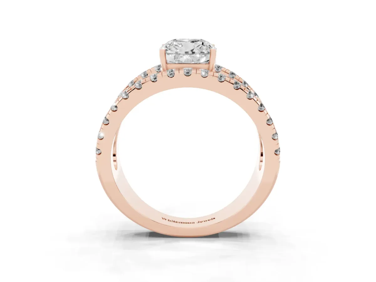 Cushion Cut Solitaire Split Shank Pave Diamond Ring Rose gold