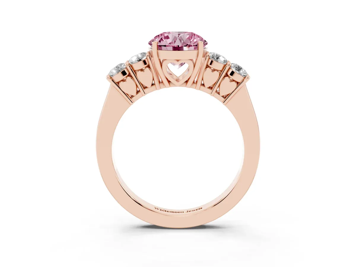 Fancy Pink Round Cut Cut Diamond Five-Stone Prong Set White Gold Ring Rose gold