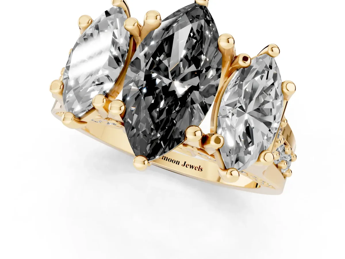 Fancy Black Marquise Cut Diamond Three-Stone Ring with Channel Set Band and Four-Prong Setting Yellow gold