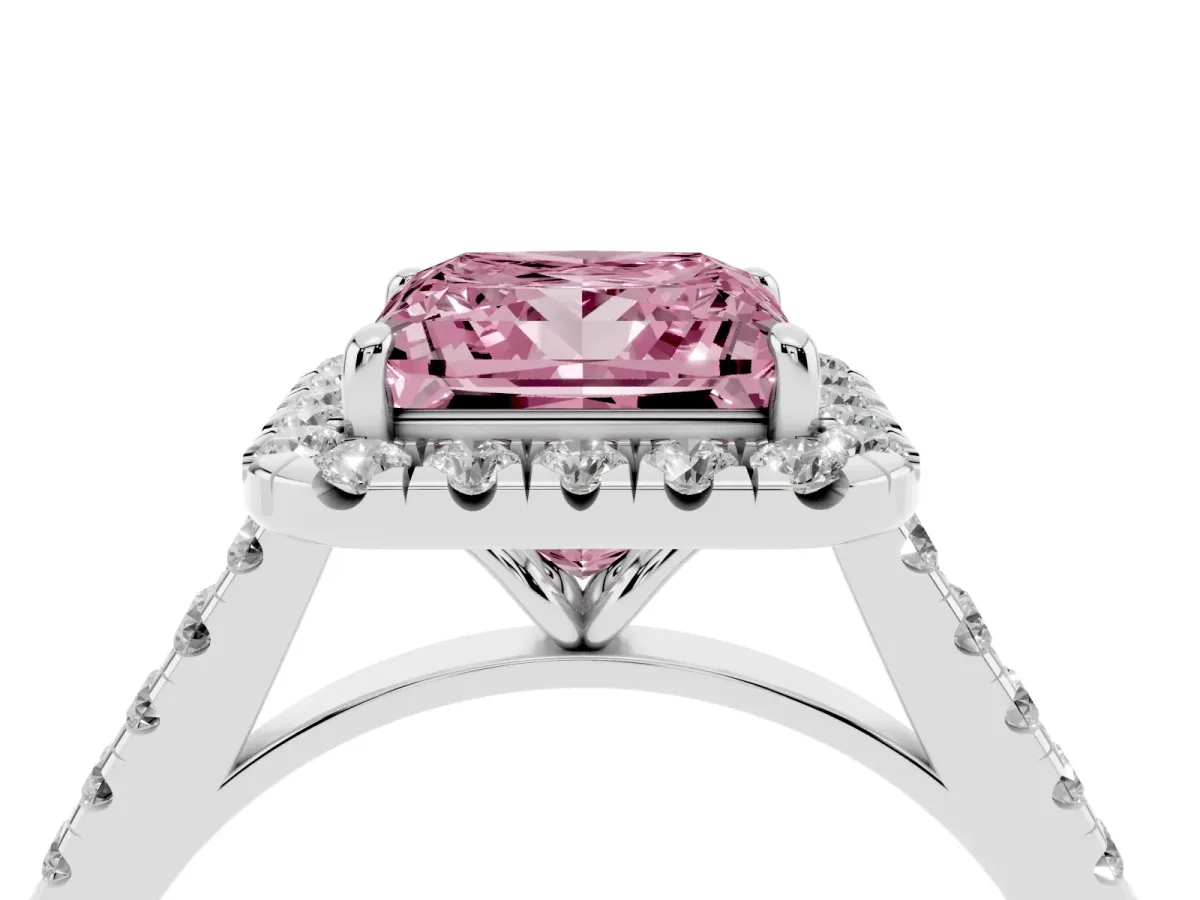 Fancy Pink Princess Cut Halo Pave Diamond Engagement Ring with Four-Prong Setting Silver