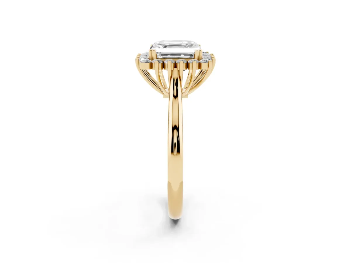 Asscher Cut Cut Diamond Halo Ring with Solitaire Band and Prong Setting Yellow gold