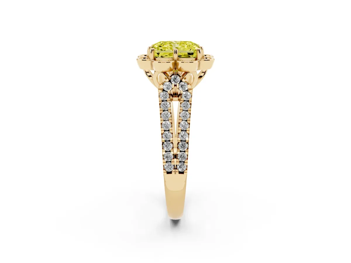 Fancy Yellow Radiant Cut Halo Diamond Floral Split Shank Engagement Ring Yellow gold
