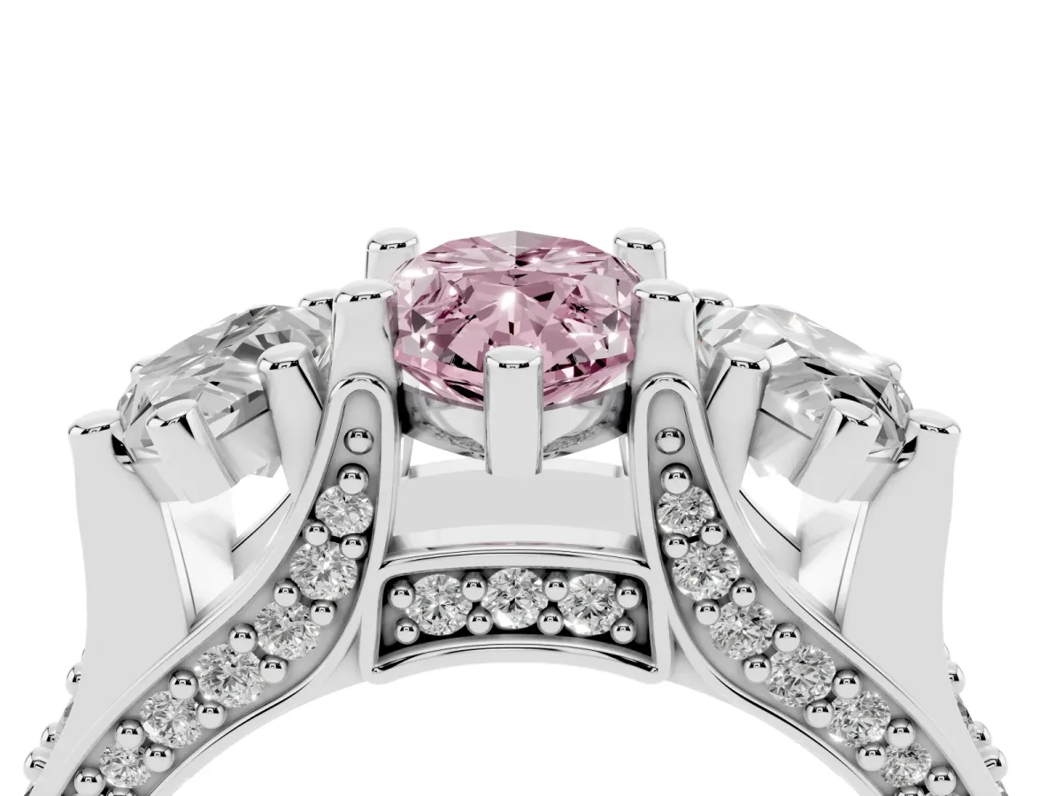 Fancy Pink Marquise Cut Diamond Three-Stone Ring with Channel Set Band and Four-Prong Setting Platinum