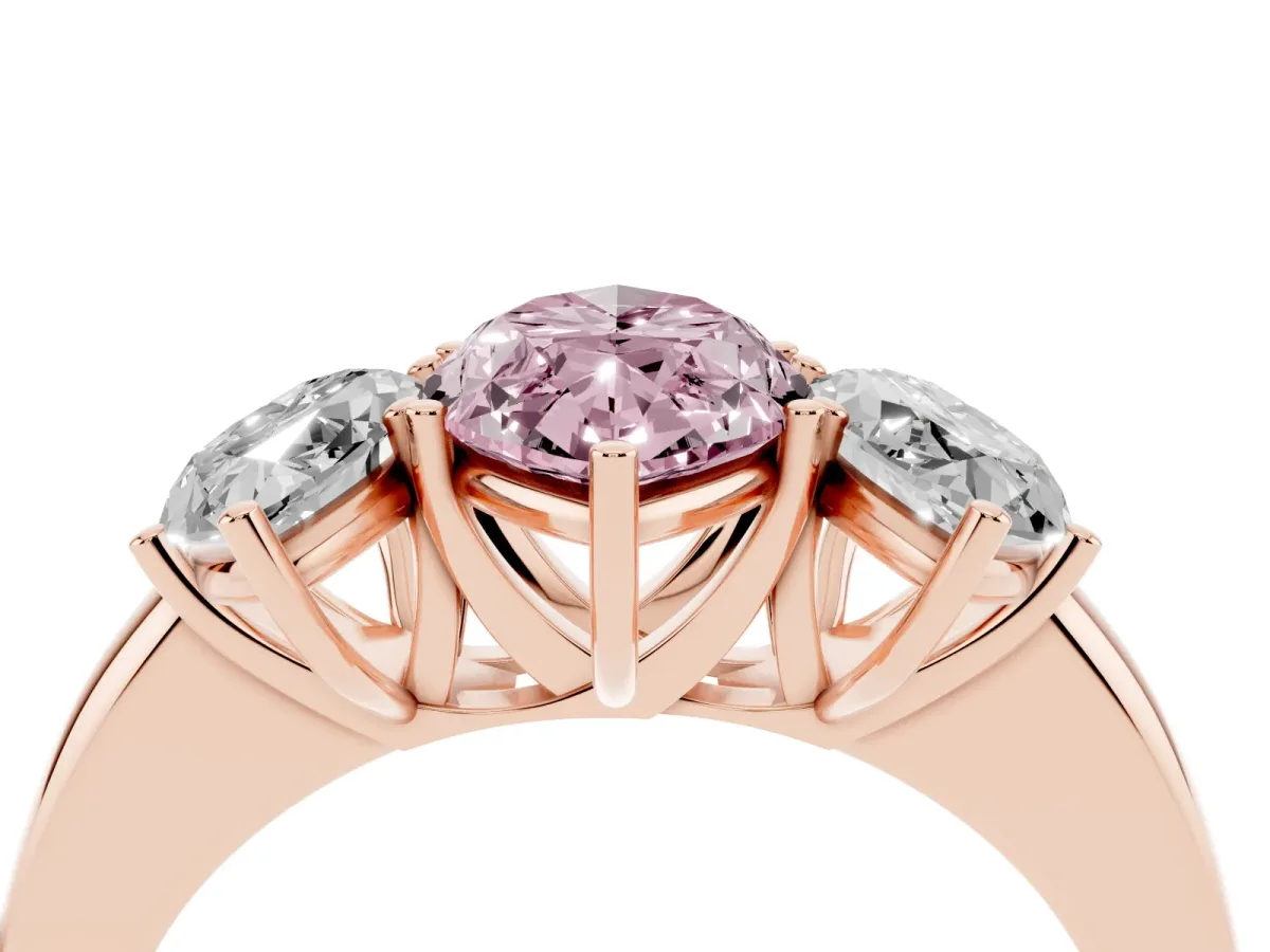 Fancy Pink Marquise Cut Diamond Three-Stone Ring with Four-Prong Setting and Classic Band Rose gold
