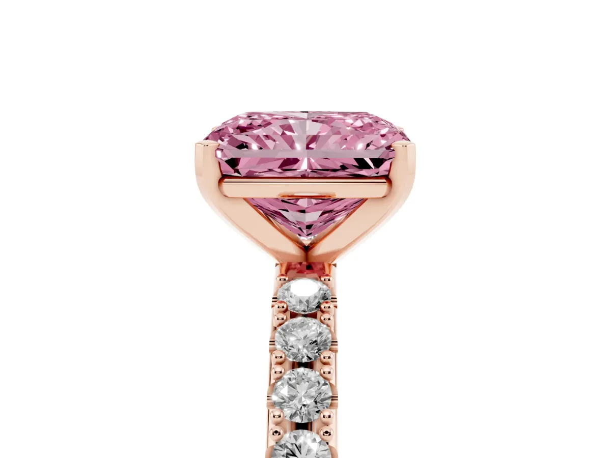 Fancy Pink Radiant Cut Diamond Solitaire Pavé Band with Four-Prong Setting Rose gold