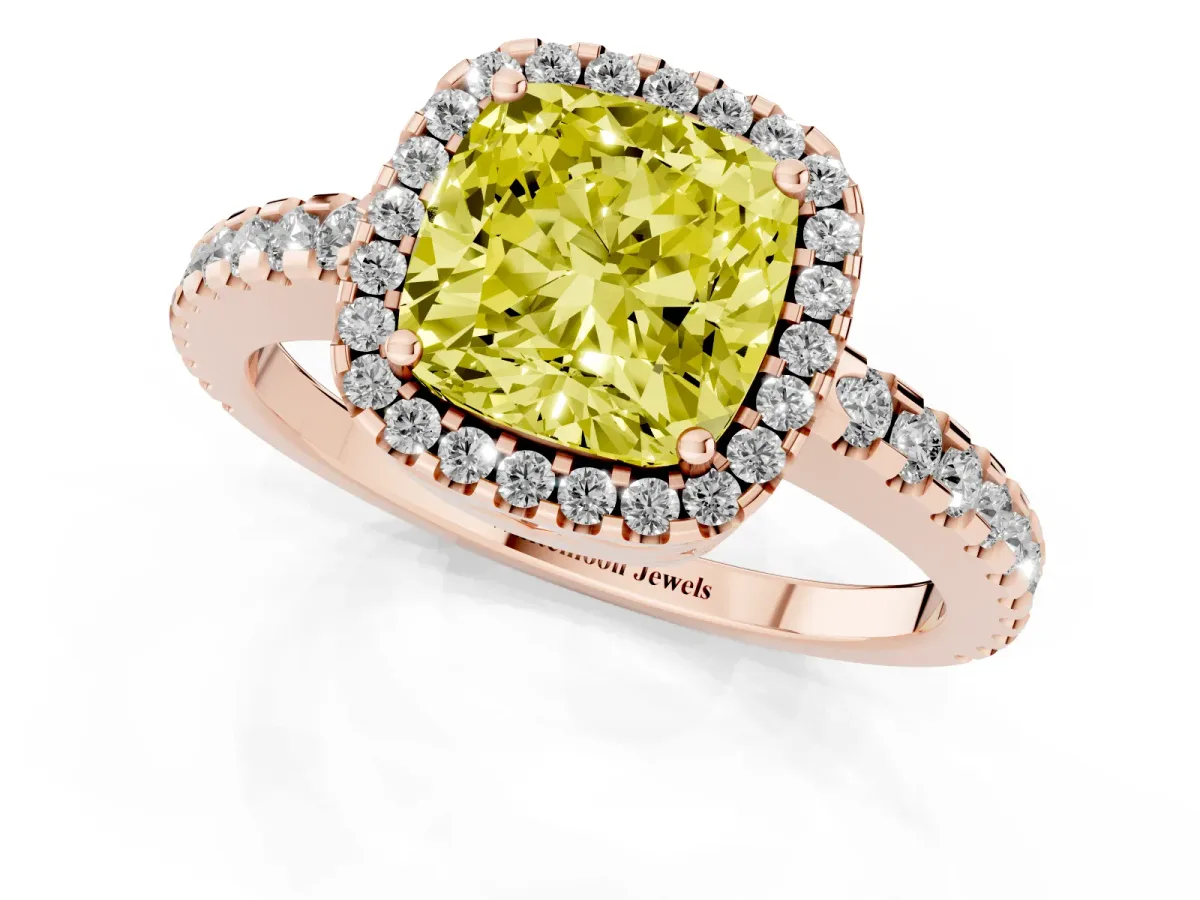 Fancy Yellow Cushion Cut Diamond Halo Engagement Ring with Pavé Band and Prong Setting Rose gold