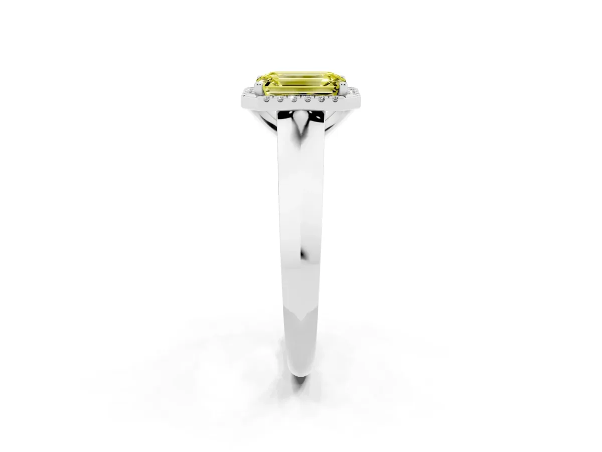 Fancy Yellow Emerald Cut Halo Diamond Ring with Cathedral Band and Four-Prong Setting White gold
