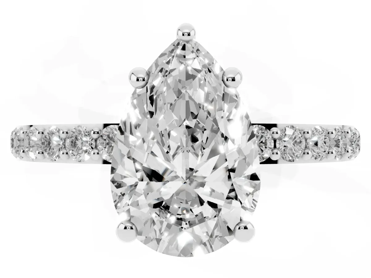 Pear Cut Diamond Solitaire Ring with Round Pavé Band and Prong Setting Silver