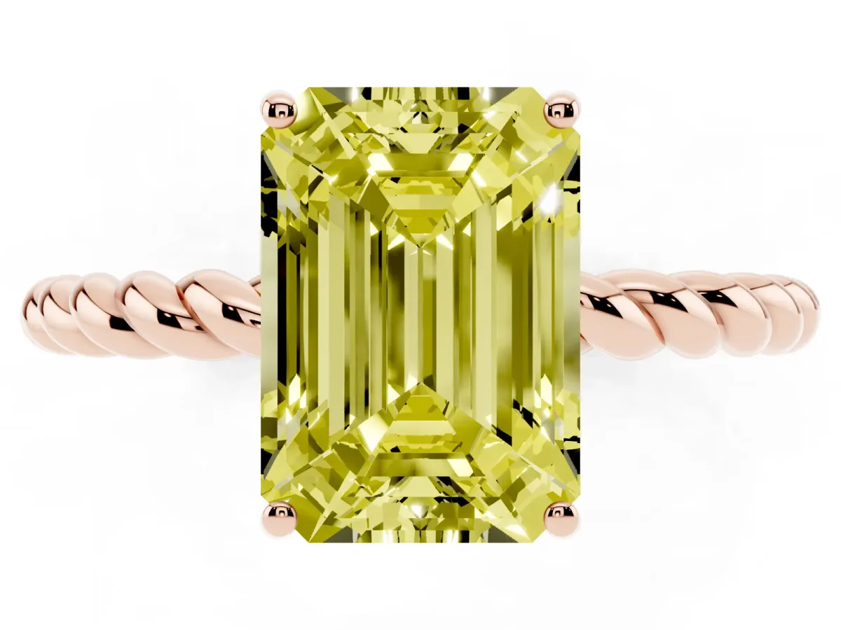 Fancy Yellow Emerald Cut Solitaire Twist Band Ring with Four-Prong Setting Rose gold