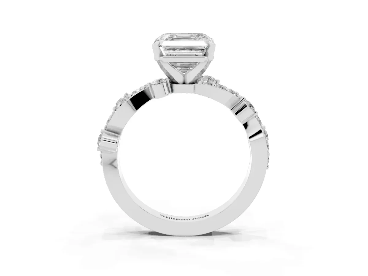 Asscher Cut Cut Solitaire Diamond Twisted Band with Pave Setting Silver