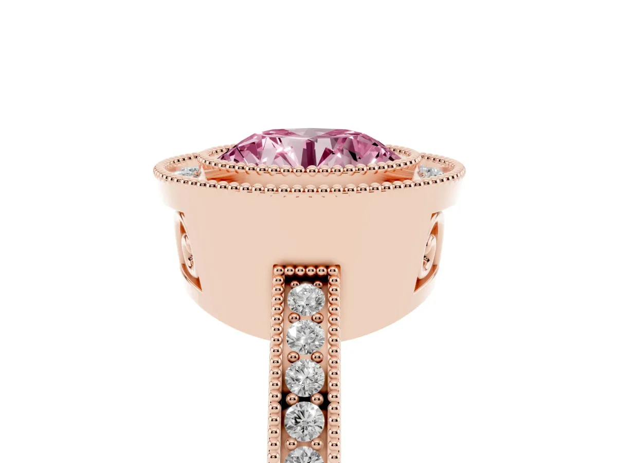 Fancy Pink Round Cut Cut Halo Diamond Ring with Pavé Band and Milgrain Prong Setting Rose gold