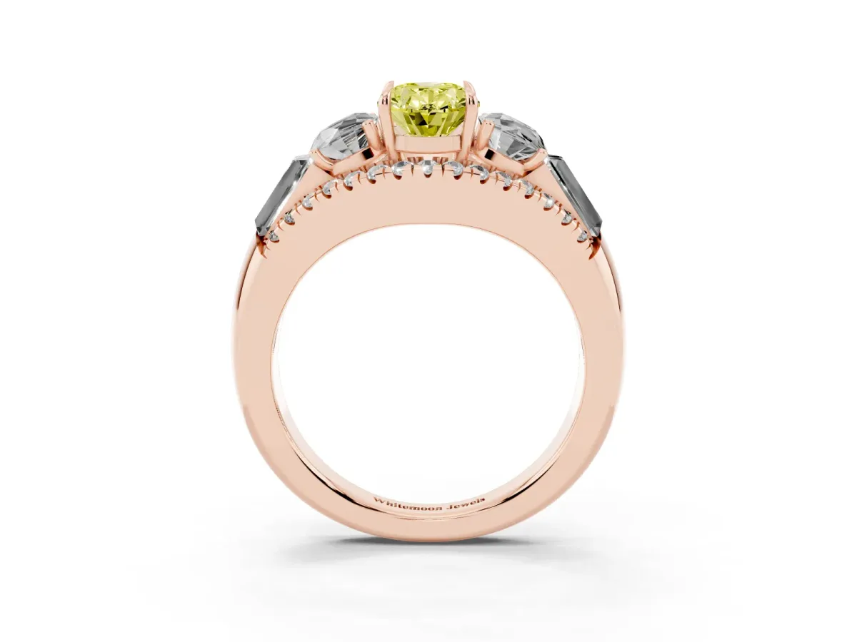 Fancy Yellow Three-Stone Oval Cut Diamond Engagement Ring with Pave Band and Prong Setting Rose gold