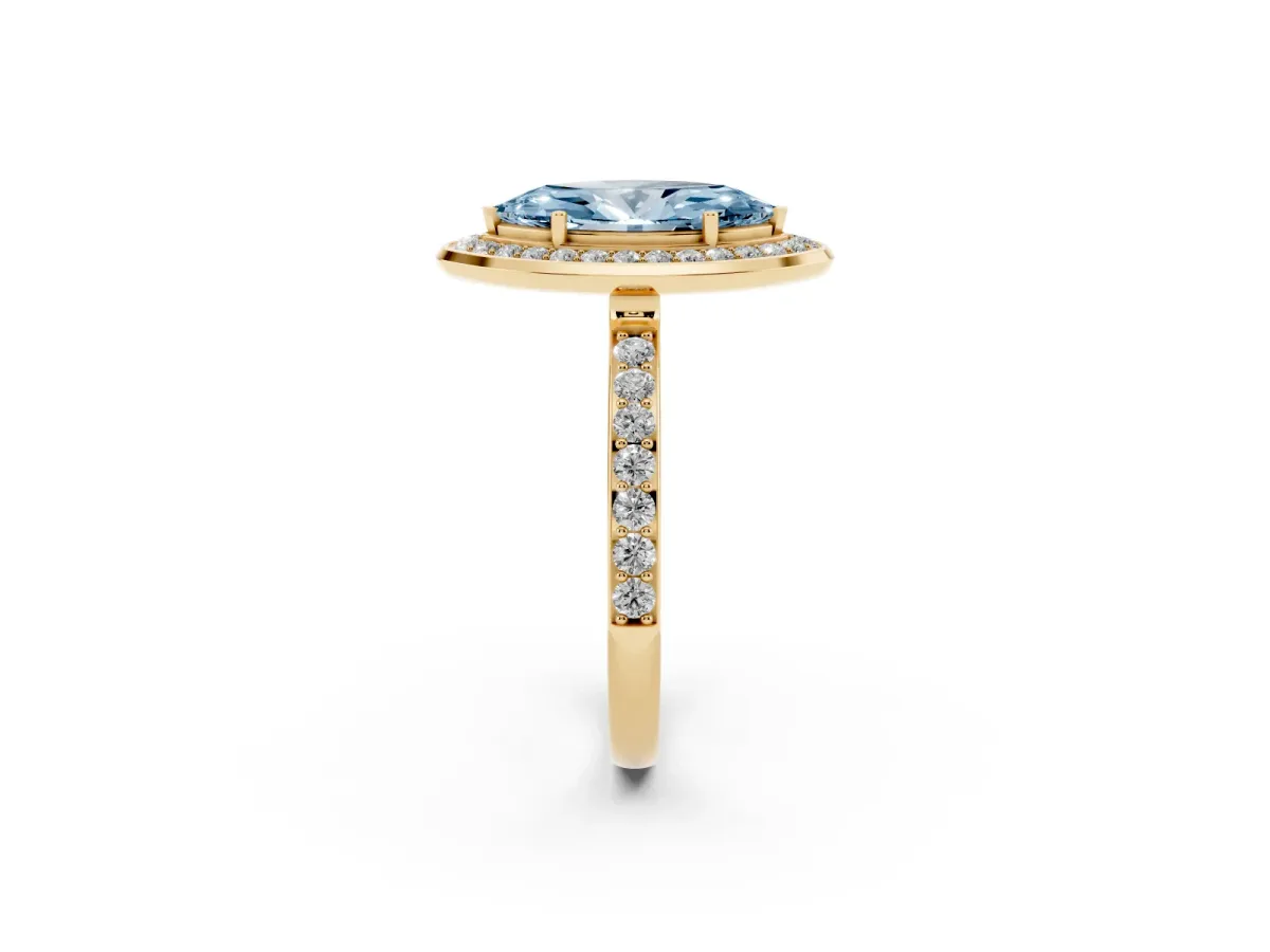 Fancy Blue Marquise Cut Diamond Halo Ring with Bezel Frame and Pavé Band Yellow gold