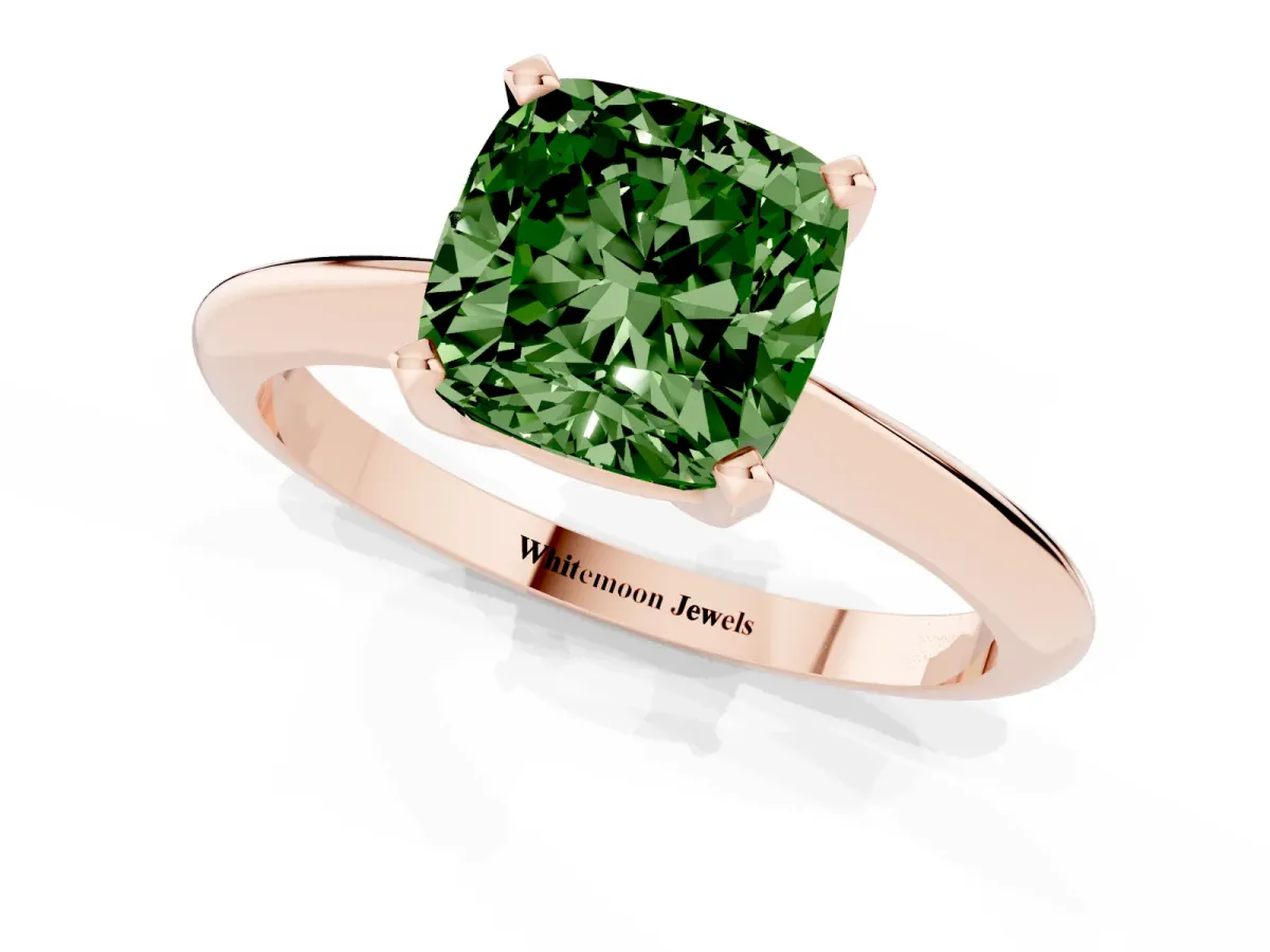 Fancy Green Cushion Cut Cut Solitaire Ring with Four-Prong Setting on a Classic Band Rose gold