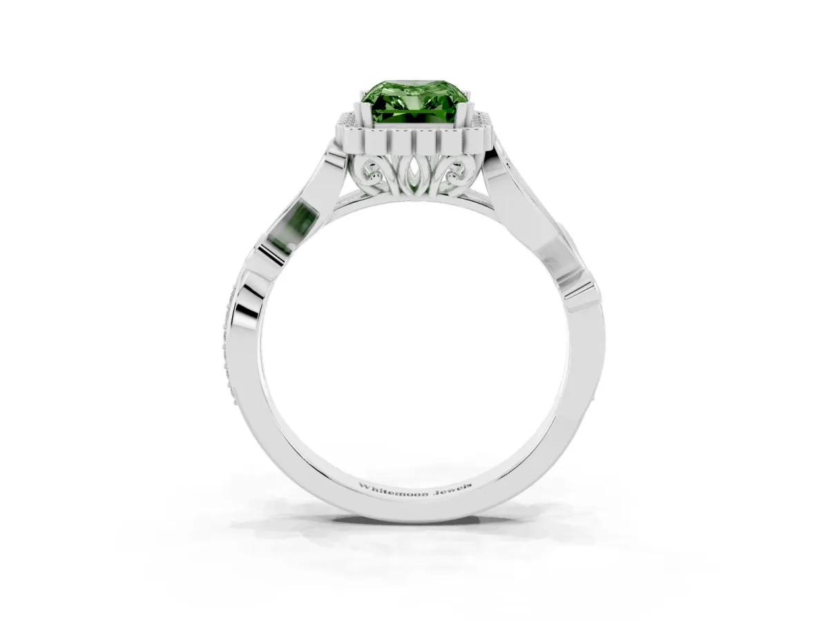 Fancy Green Radiant Cut Diamond Halo Ring with Vintage Split Shank and Four-Prong Setting Silver