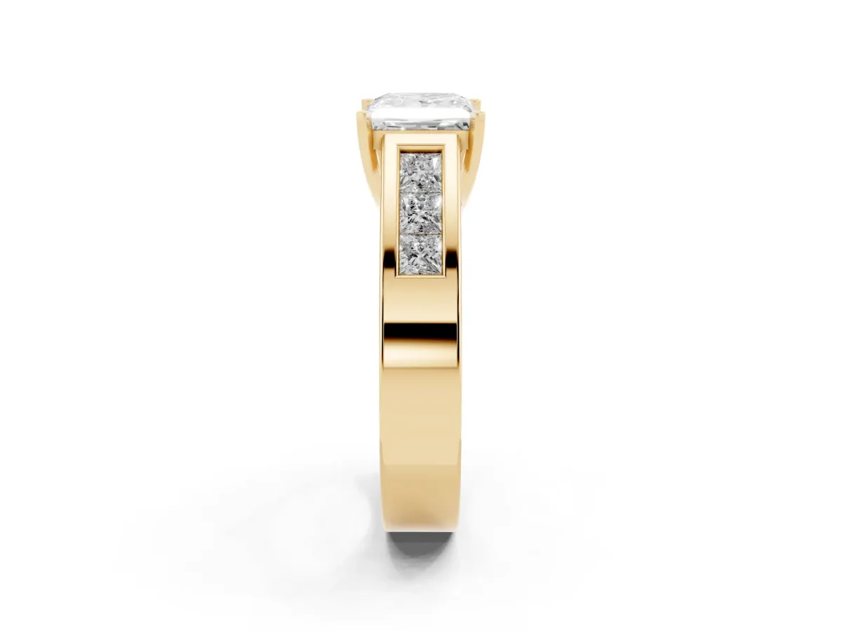 Princess Cut Cut Channel Set Solitaire Ring with Four-Prong Setting Yellow gold