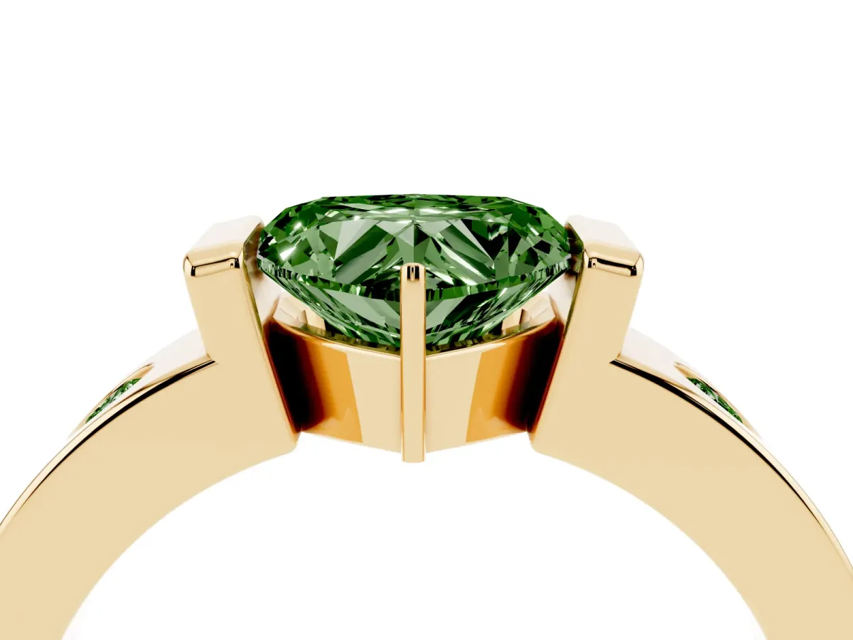 Fancy Green Heart Cut Brilliant Channel-Set Diamond Ring with Bezel Prong Setting Yellow gold