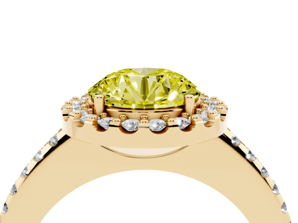 Fancy Yellow Round Cut Diamond Pavé Halo Ring with Four-Prong Setting Yellow gold