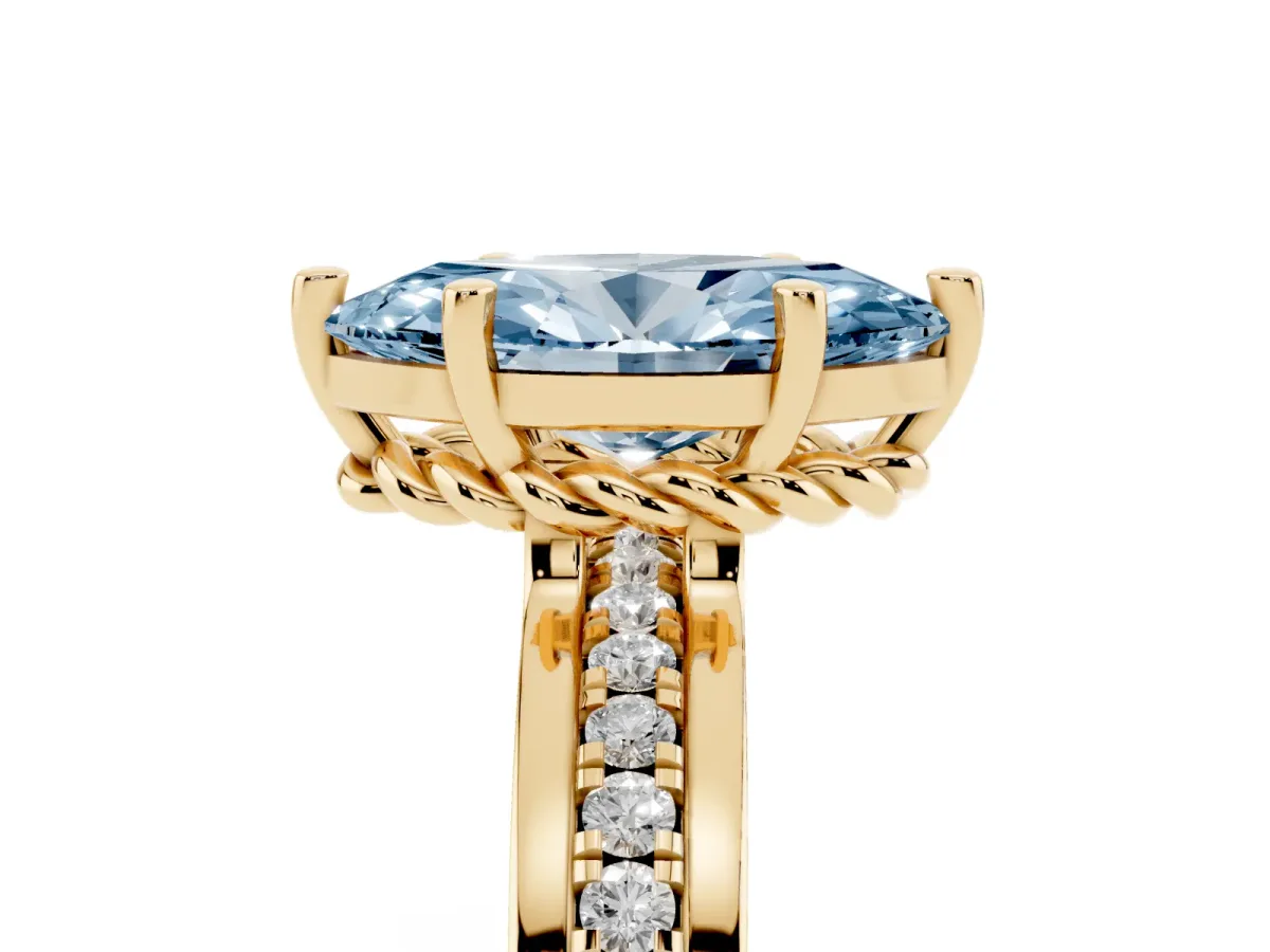 Fancy Blue Marquise Cut Solitaire Diamond Ring with Channel Set Band and Six-Prong Setting Yellow gold
