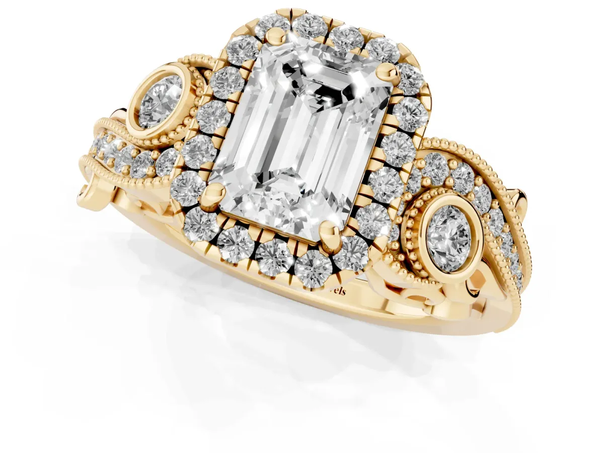 Emerald Cut Halo Diamond Ring with Milgrain and Bezel Accents on a Split Shank Band Yellow gold