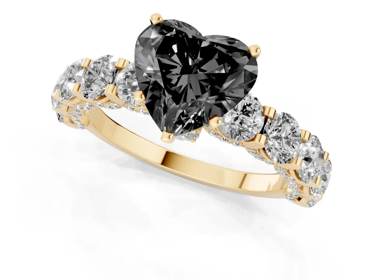 Fancy Black Heart Cut Diamond Side Stone Engagement Ring with Four-Prong Setting Yellow gold