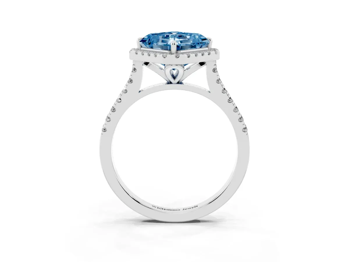 Fancy Blue Asscher Cut Diamond Cushion Halo Ring with Pavé Band Platinum