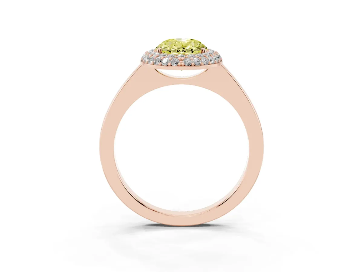 Fancy Yellow Oval Cut Halo Diamond Engagement Ring with Solitaire Band and Four-Prong Setting Rose gold