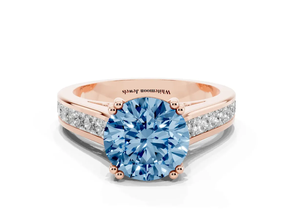 Fancy Blue Round Cut Cut Channel Set Solitaire Engagement Ring with Prong Setting Rose gold
