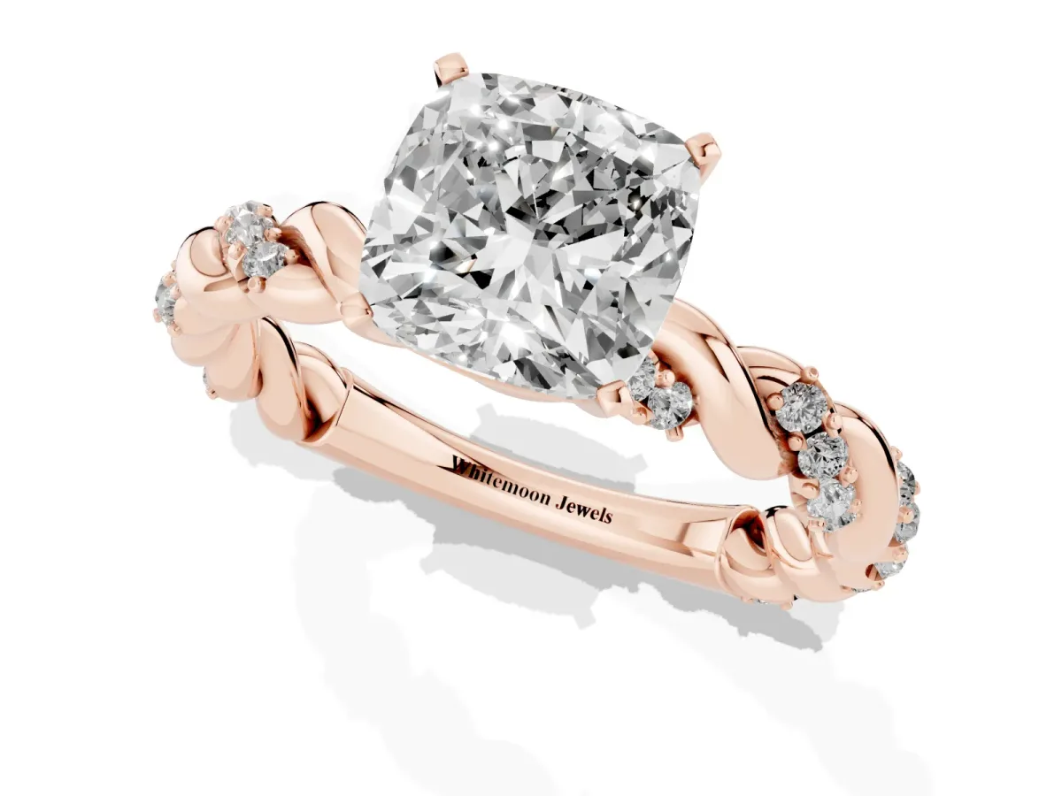 Cushion Cut Diamond Solitaire Ring with Twisted Band and Pavé Accents Rose gold