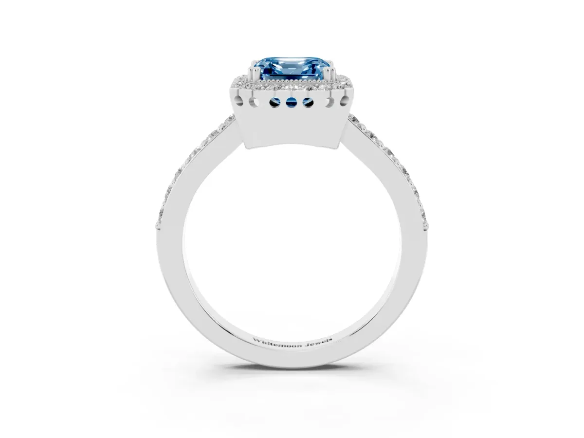 Fancy Blue Asscher Cut Cut Diamond Halo Engagement Ring with Milgrain Detail and Pavé Band Platinum