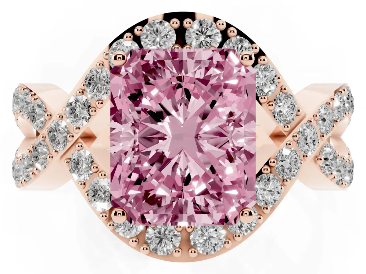 Fancy Pink Radiant Cut Solitaire Twist Band Pavé Diamond Engagement Ring Rose gold
