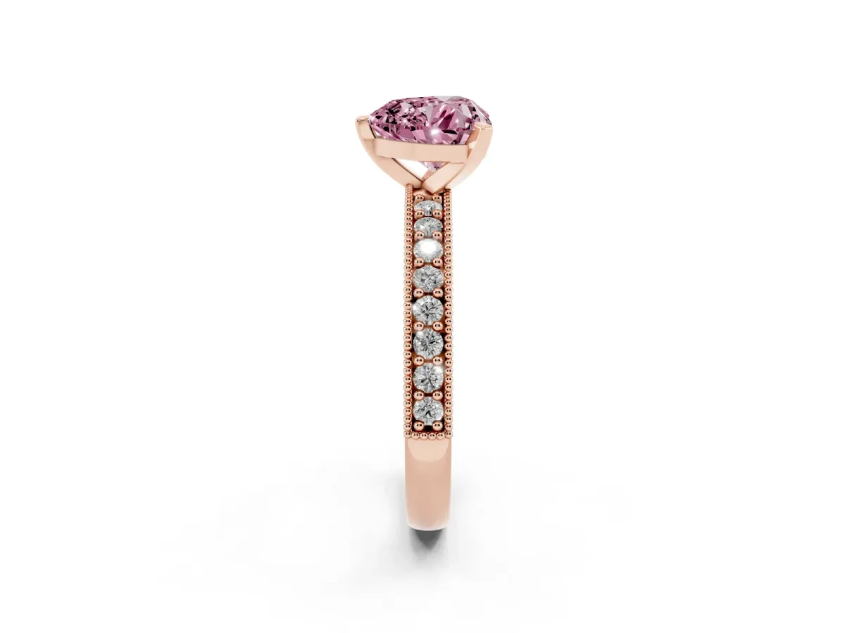 Fancy Pink Heart Cut Diamond Milgrain Pavé Engagement Ring with Four-Prong Setting Rose gold