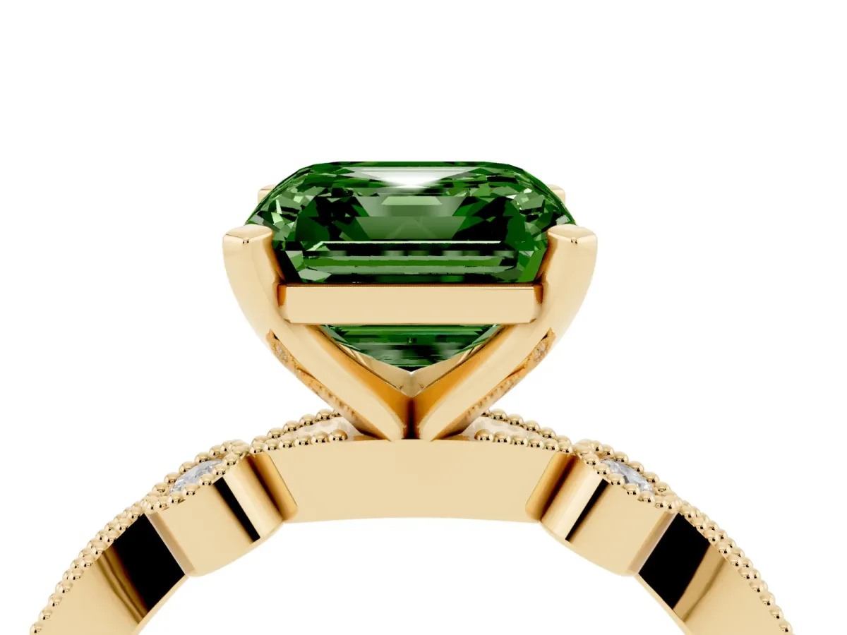 Fancy Green Asscher Cut Milgrain Bezel Diamond Engagement Ring with Solitaire Prong Setting Yellow gold