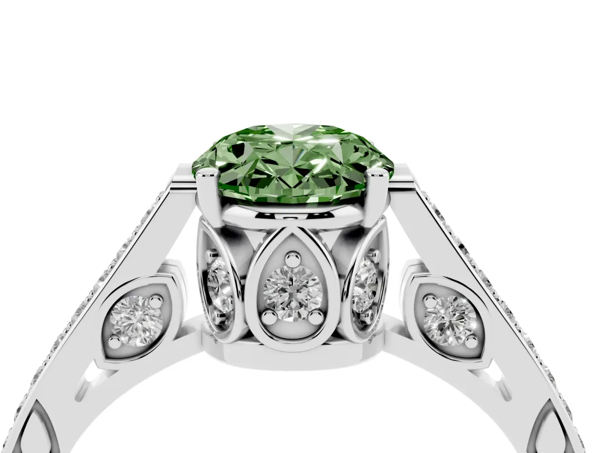 Fancy Green Oval Cut Cut Cathedral Pave Diamond Engagement Ring with Six-Prong Setting Silver