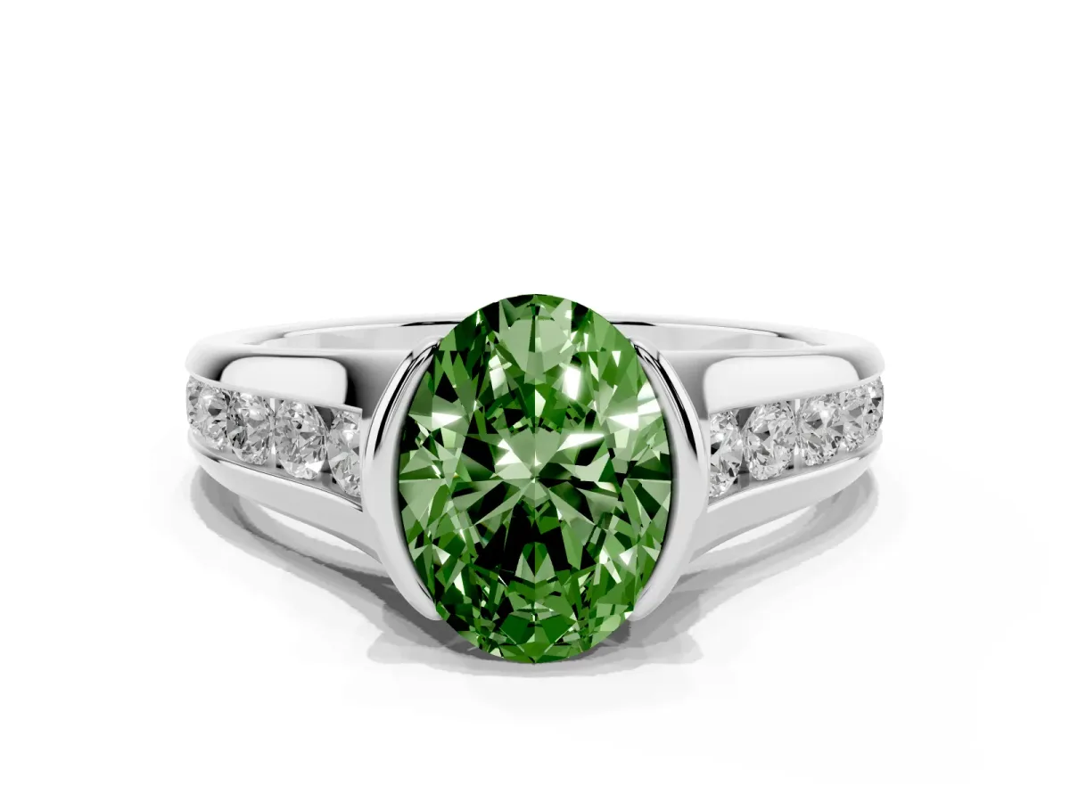 Fancy Green Oval Cut Solitaire Bezel-Set Diamond Ring with Channel-Set Band Silver