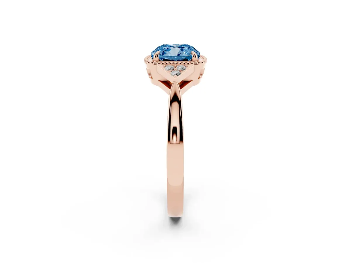 Fancy Blue Cushion Cut Diamond Halo Ring with Tapered Band and Four-Prong Setting Rose gold