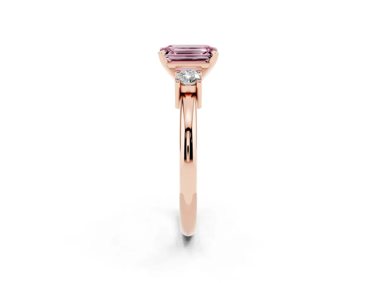 Fancy Pink Three-Stone Emerald Cut Cut Diamond Solitaire with Prong Setting and Classic Band Rose gold