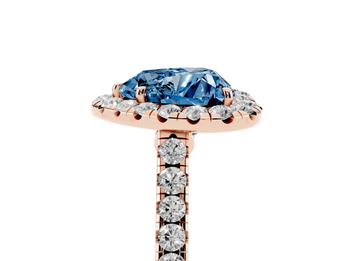 Fancy Blue Heart Cut Halo Pave Diamond Engagement Ring with Four-Prong Setting Rose gold