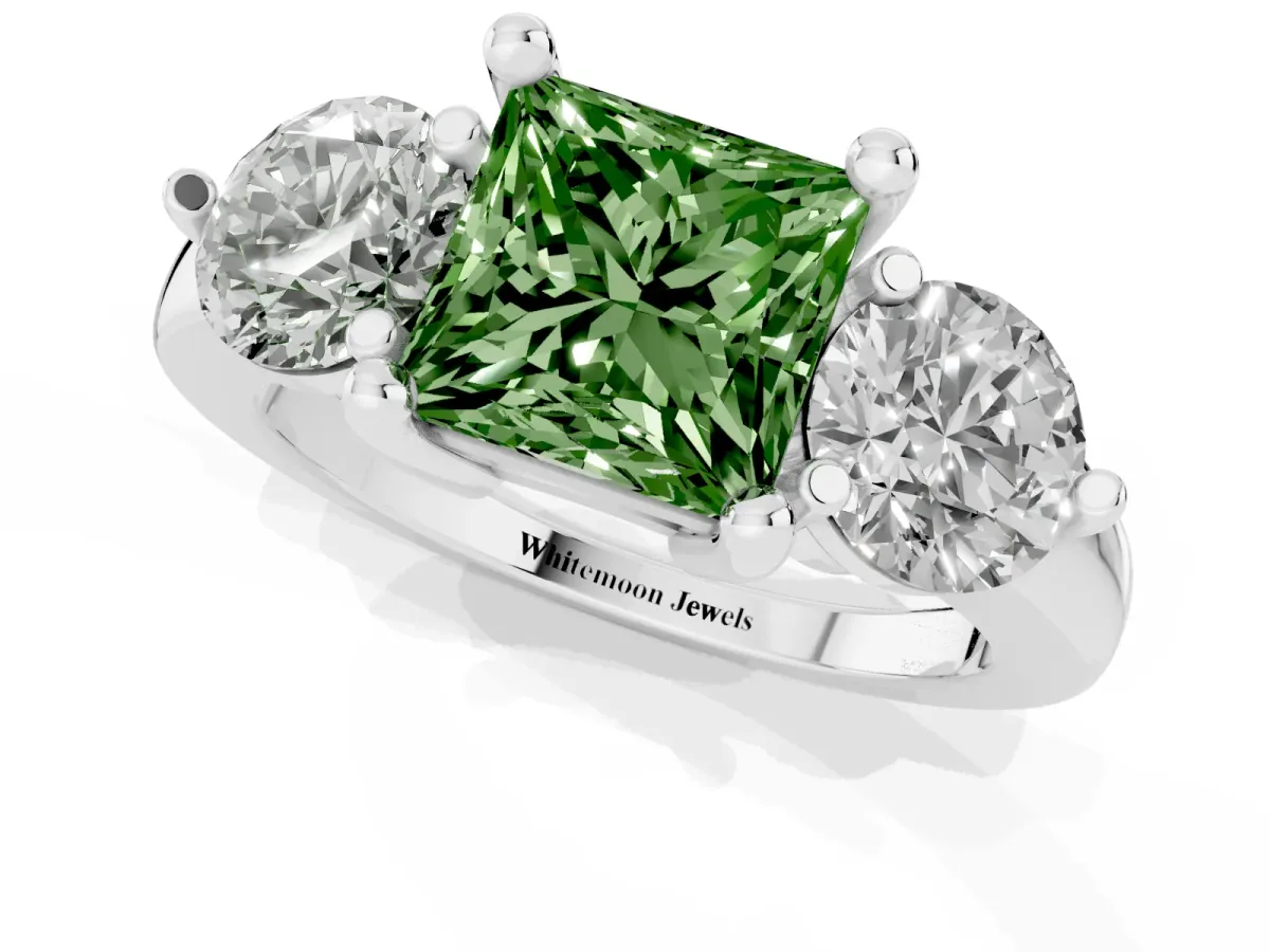Fancy Green Three-Stone Princess Cut Brilliant Cut Solitaire Ring with Prong Setting on a Classic Band Platinum