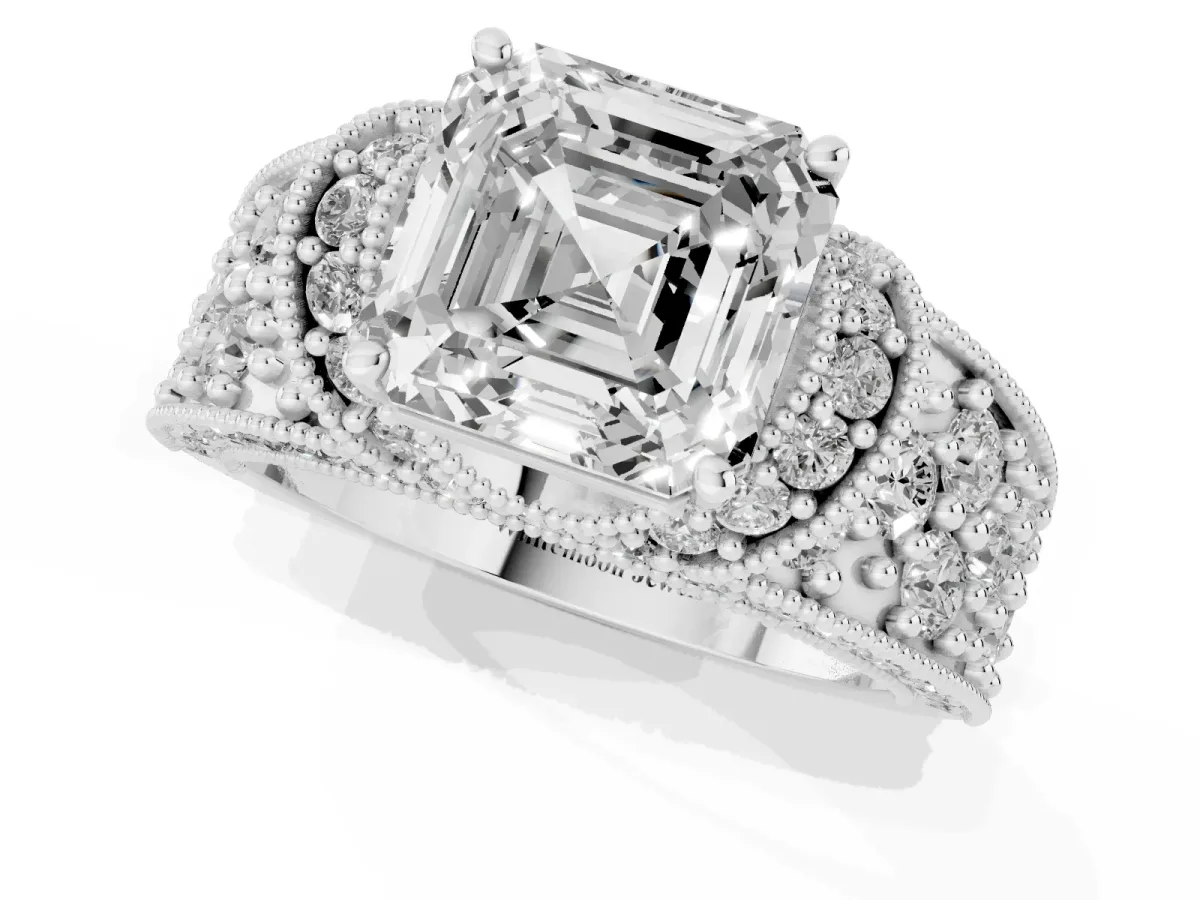 Asscher Cut Halo Pave Diamond Engagement Ring with Milgrain Detailing Silver