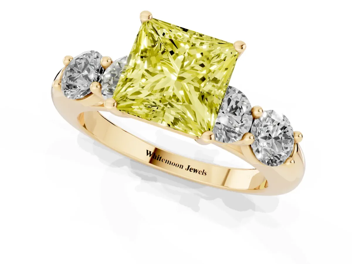 Fancy Yellow Princess Cut Cut Five-Stone Prong Set Diamond Ring with Classic Band Yellow gold