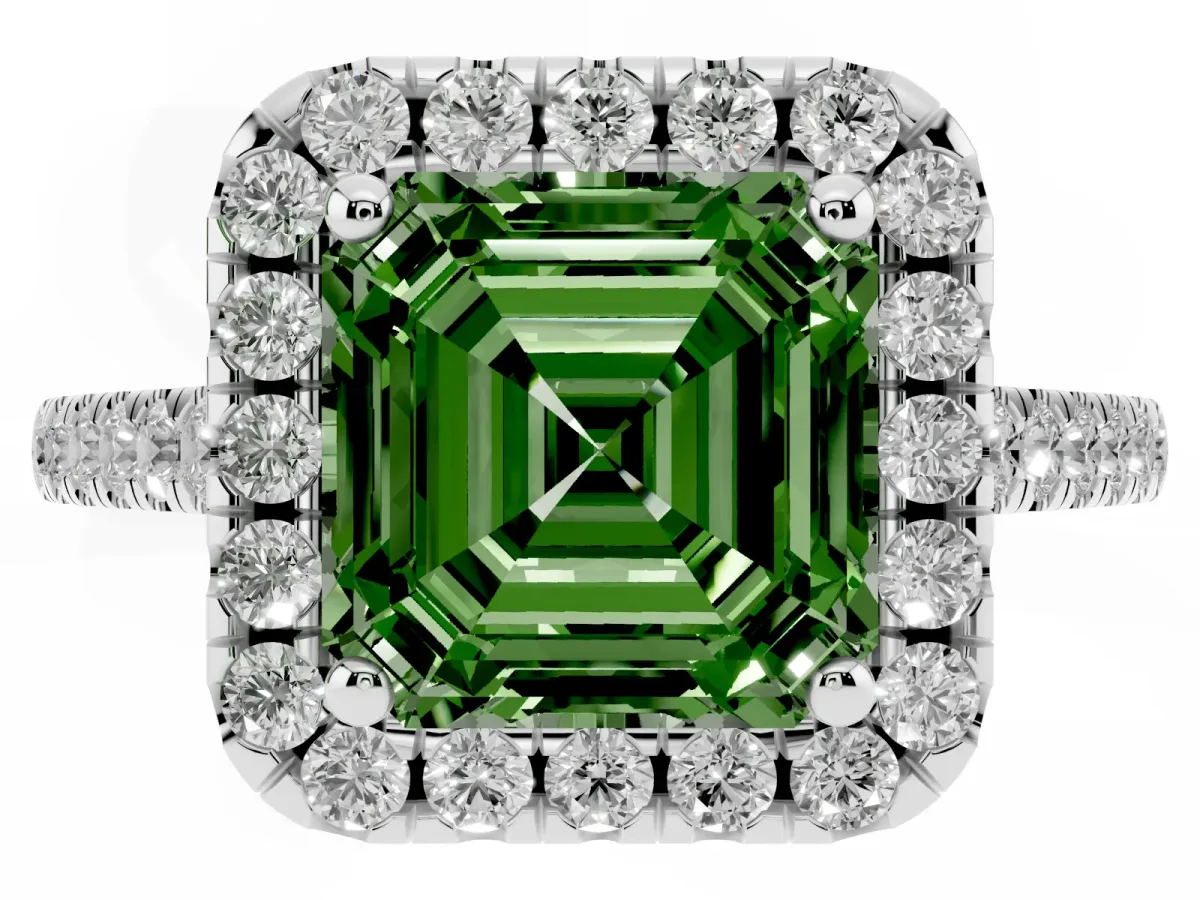 Fancy Green Asscher Cut Halo Pavé Diamond Engagement Ring with Four-Prong Setting Silver
