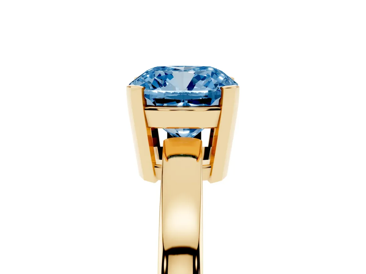Fancy Blue Cushion Cut Cut Solitaire Ring with Four-Prong Setting and Classic Band Yellow gold