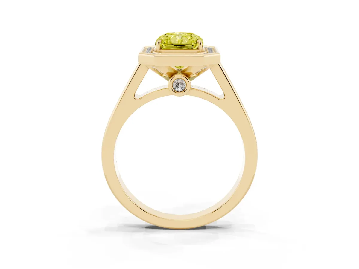 Fancy Yellow Radiant Cut Halo Solitaire Diamond Ring with Pave Band and Bezel Setting Yellow gold