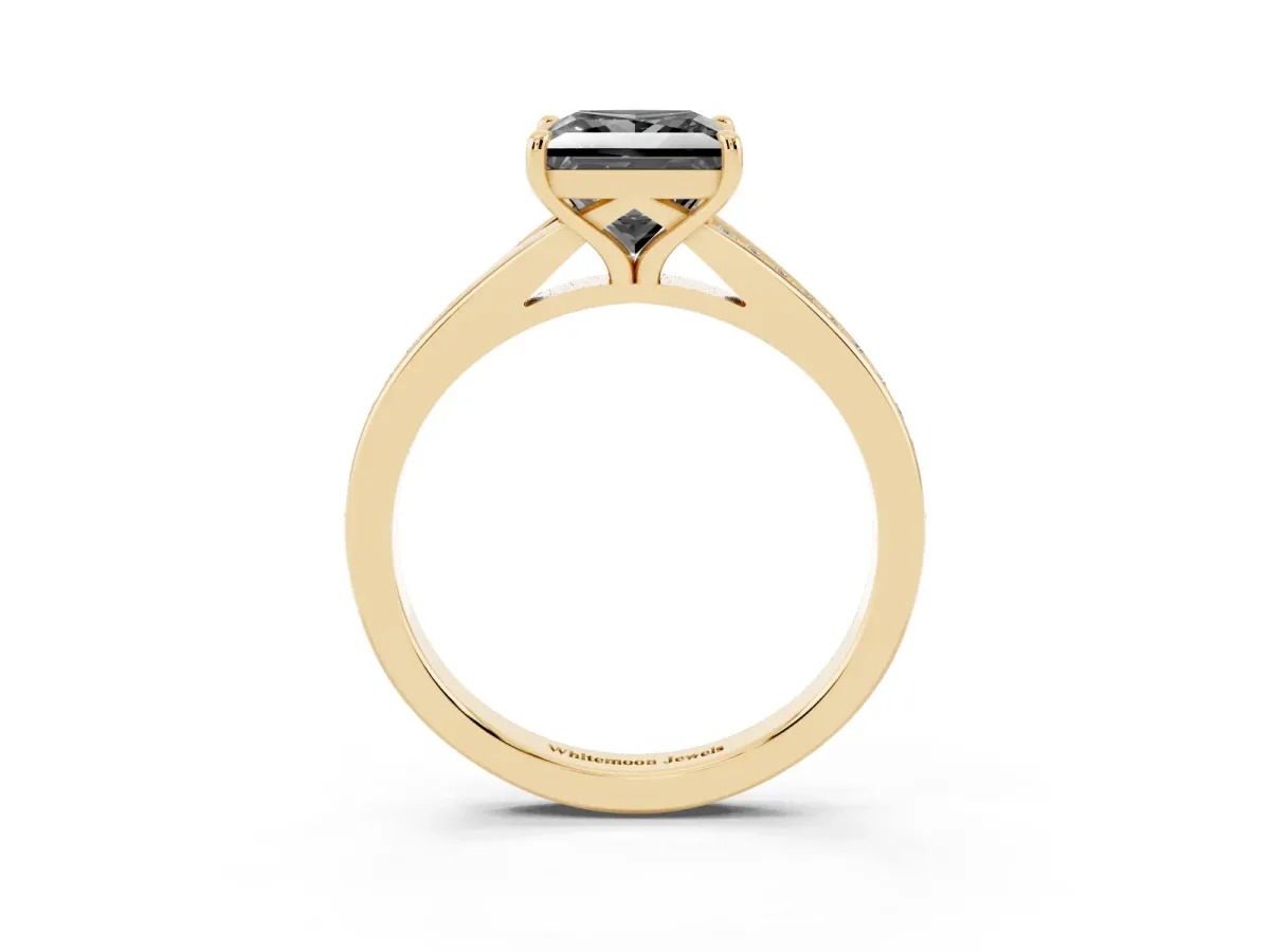 Fancy Black Princess Cut Diamond Solitaire Ring with Pavé Band and Prong Setting Yellow gold