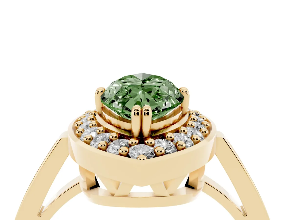 Fancy Green Marquise Cut Diamond Halo Ring with Split Shank and Four-Prong Setting Yellow gold