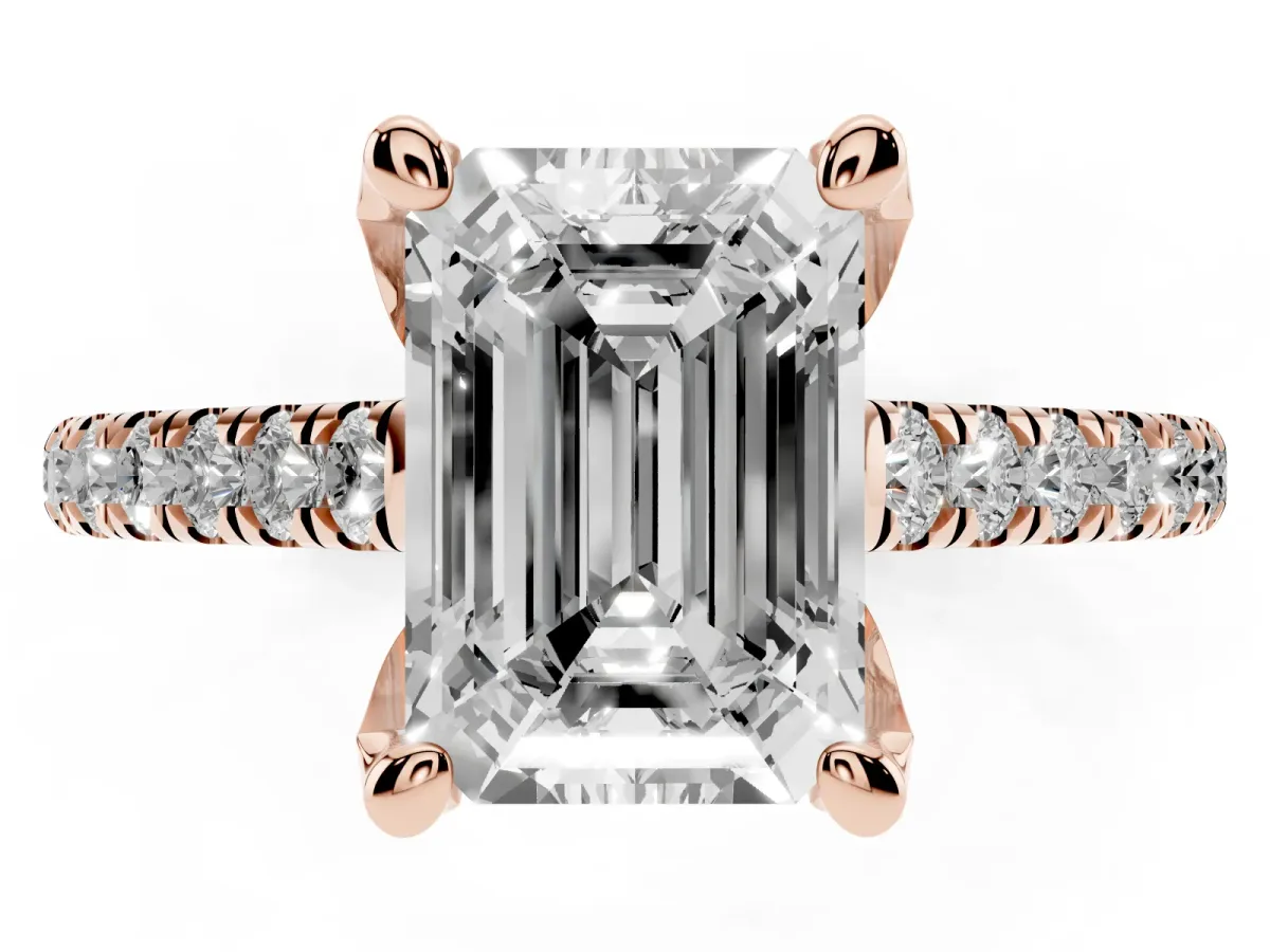 Emerald Cut Brilliant Diamond Solitaire with Pavé Band and Four-Prong Setting Rose gold